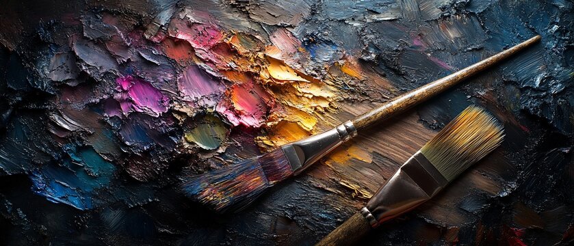 Artist's palette with brushes, oil paint textures
