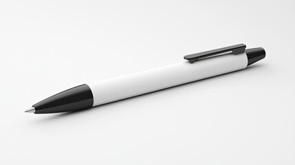 A sleek white pen with a black clip and tip rests on a white background.  Clean, simple design, ideal for mockup.