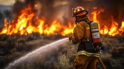 Fototapeta premium Firefighter battling wildfire, courageous action, fiery landscape, environmental disaster, stock photo