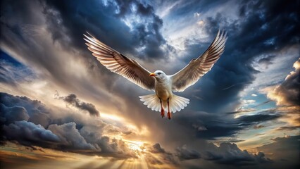Fototapeta premium A bird in mid-flight with wings outstretched and feathers ruffled by strong wind as storm clouds loom behind it , wildlife, sky