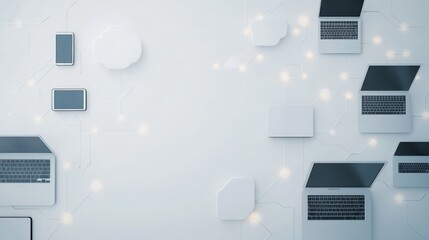 Digital connectivity concept with laptops and mobile devices on abstract network background