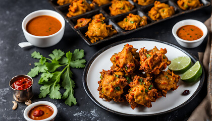 mixed vegetable pakoras served with a cup of masala chai