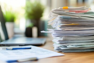 A large stack of papers sits on a desk near a laptop. Illustrates the concept of paperwork, deadlines, and office work.