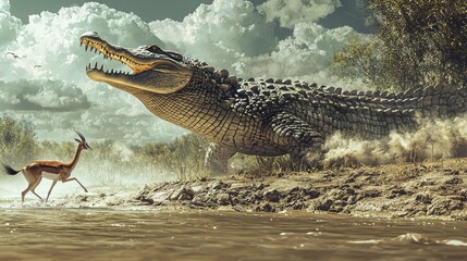 Giant Crocodile Chasing Antelope in a Dramatic River Scene