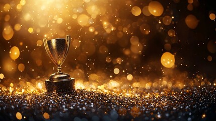 Golden trophy amidst shimmering bokeh lights on sparkling surface