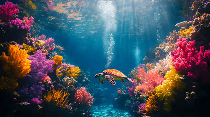 Naklejka premium Illustration - Vibrant Coral Reef, Sea Turtle, Ocean Sunlight