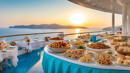 Fototapeta premium A lavish morning buffet awaits on the deck of an opulent cruise ship with a panoramic view as the sun rises over the turquoise Mediterranean sea, bathing the charming island of Santorini in a golden l