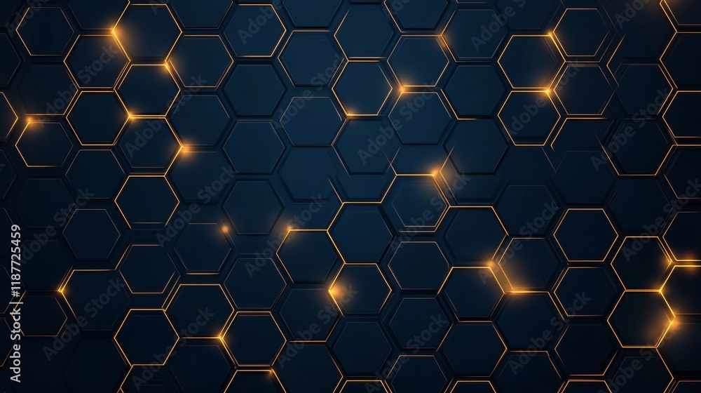 Poster dark blue hexagonal pattern with golden highlights and subtle glow