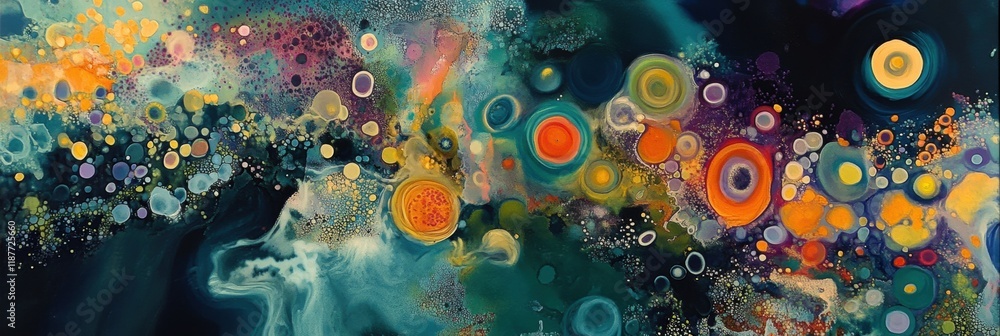 Poster Abstract representation of swirling bacteria and microbes in vibrant colors within a liquid environment. Generative AI