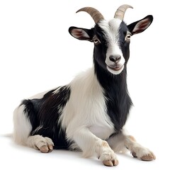 Fototapeta premium Goat sitting, white background, farm animal