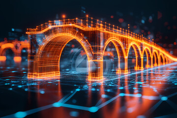 A glowing bridge of light crossing a digital void symbolizing trust. An abstract representation of understanding