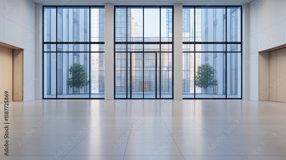 Poster Modern minimalist lobby with large glass windows and potted trees in urban building