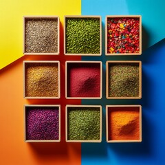 Colorful spices in small wooden boxes on vibrant background.