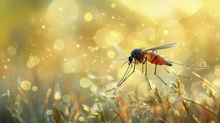 Naklejka premium Close-Up of Mosquito on Grass with Bokeh Background Effects