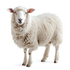 Fototapeta premium Fluffy sheep standing, white background, farm animal portrait, agriculture