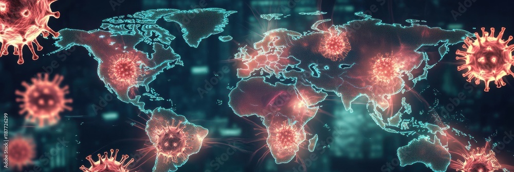 Poster global map highlights zones of viral spread and infection rates with data representation of disease 