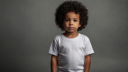 Black Curly Haired Boy Posing in White T-Shirt