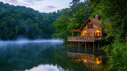Fototapeta premium Quiet Lakeside Mountain Cabin. Dawn mist rising from lake, deck view. Secluded & peaceful retreat. Tranquil mountain lake cabin scene