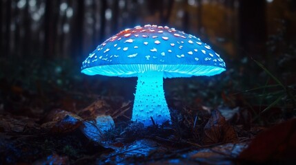 Fototapeta premium Luminous blue mushroom glowing in an enchanted forest at night