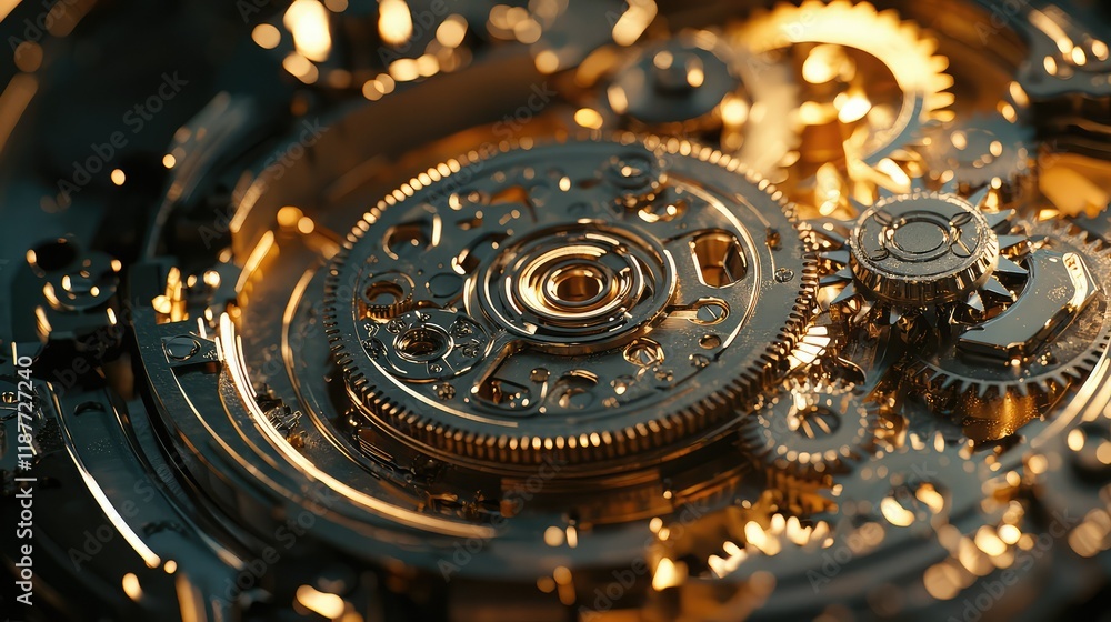 Poster intricate close-up of mechanical gears and cogs with golden finish
