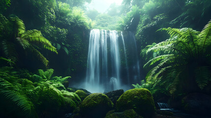 Photo Lush Tropical Waterfall Paradise Nature Ferns Green Serenity Jungle Landscape