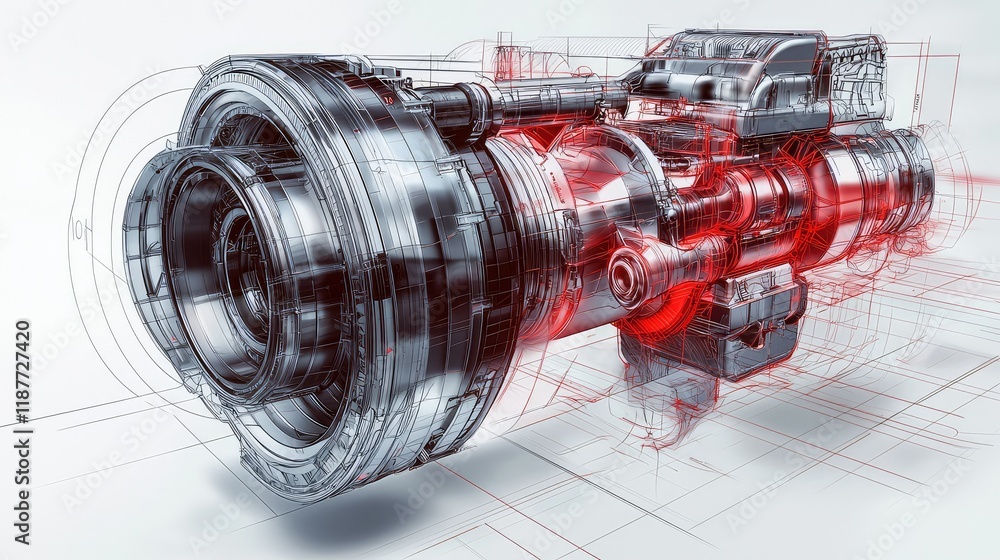 Poster futuristic engine design with red highlights and 3d wireframe structure