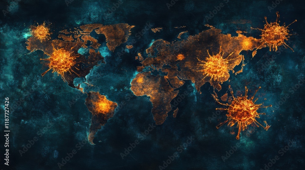 Poster Global map illustrating viral spread zones across continents and regions during the current health crisis. Generative AI