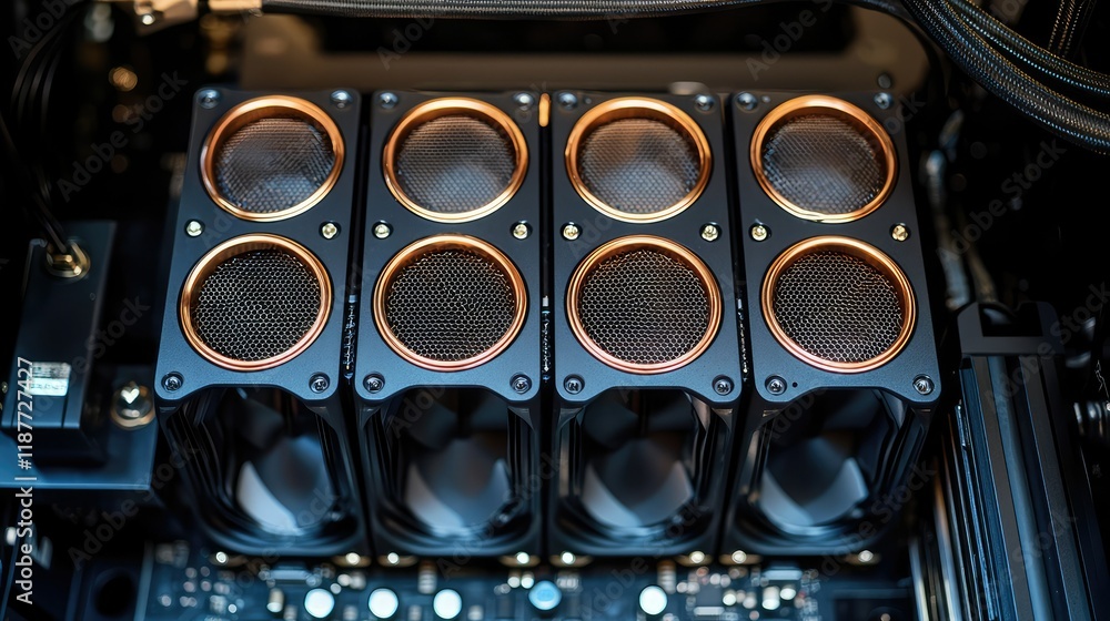 Poster close-up view of cooling fans in a high-performance computer case