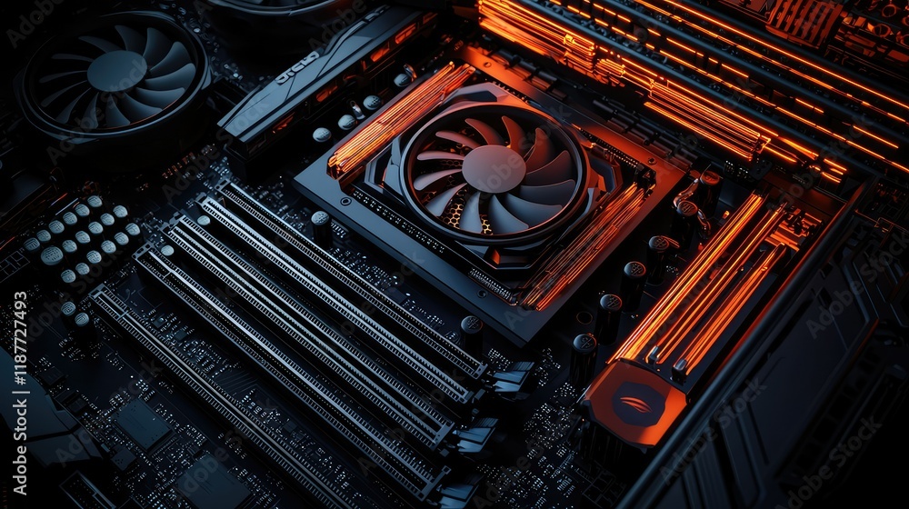 Aufkleber close-up view of computer motherboard with cooling fan and circuitry