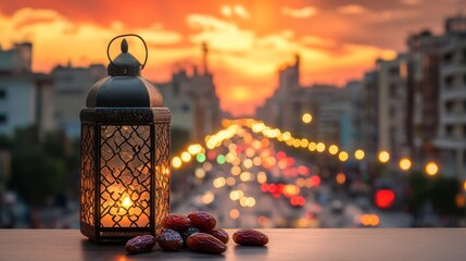 Ornate Lantern and Dates at Sunset: A Warm Ramadan Scene