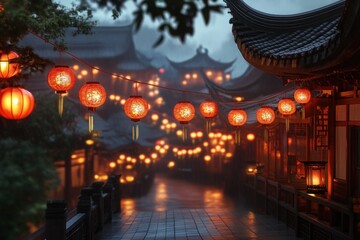 Lanterns illuminate a traditional asian street on a rainy evening