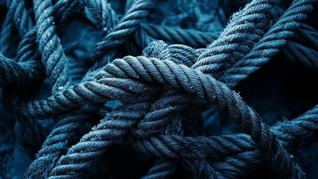 Intricate knots of blue ropes create a textured pattern in a marine setting during twilight hours
