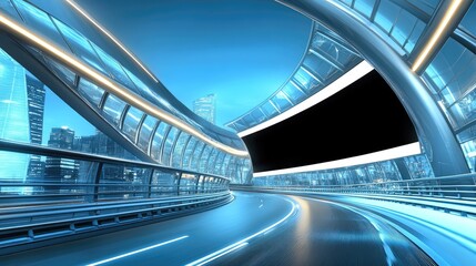 Futuristic highway tunnel with blank billboard at night, overlooking a city skyline.