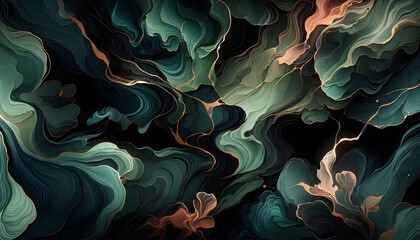 Obraz premium Background A dark background with fluid, organic abstract patterns in shades of dark green, teal, and bronze, c2