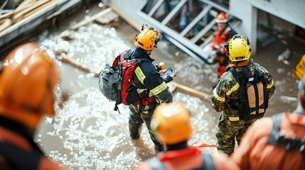 Fototapeta premium Emergency Response Team in Flooded Area During Rescue Operations