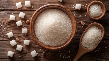 Wooden bowl of granulated sugar, cubes, spoon, rustic background