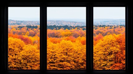 Triptych of autumn forest viewed through window.