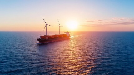 Fototapeta premium Cargo ship with wind turbines at sunset in open ocean