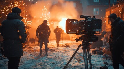 Fototapeta premium Filmmaking crew on snowy outdoor set with camera and lights at night