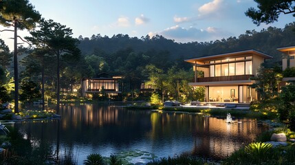 Fototapeta premium Modern Lakeside Homes nestled amongst lush green trees