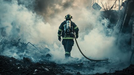Fototapeta premium Firefighter Navigates Smoke and Debris at Emergency Scene