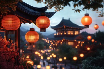 Fototapeta premium Tranquil evening lantern festival in traditional chinese village