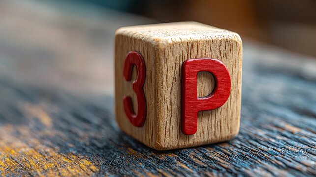 Wooden cube with 3P, on table, close-up; marketing concept