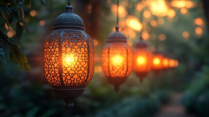 Elegant hanging lanterns illuminating a serene garden path at sunset