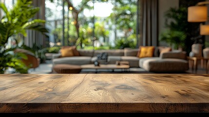 Wooden table in modern living room, lush garden view. For product display