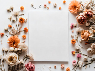 Dried flowers elegantly encircle a blank sheet of paper.