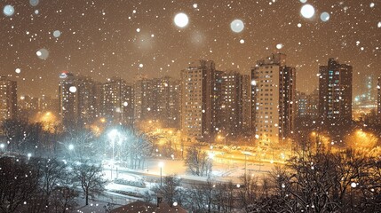 Fototapeta premium Snowy Night Cityscape with Falling Snow and Illuminated Buildings