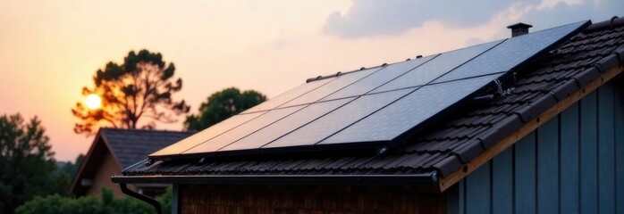 Installation of solar panels on the roof of the house, free space for text on the side