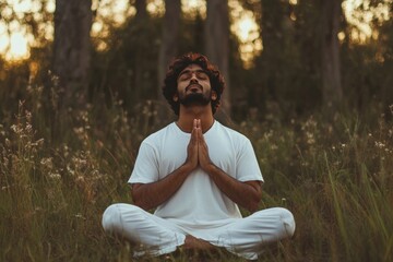 Young hispanic male meditating in nature at sunset