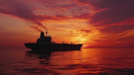 Naklejka premium Sunset Over a Cargo Ship Silhouette on Calm Ocean Waters